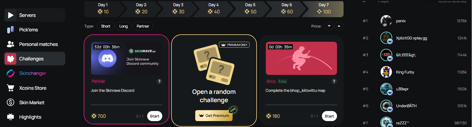 xplay.gg Challenges page with active CS2 tasks and xCoin rewards xplay.gg Challenges page with active CS2 tasks and xCoin rewards