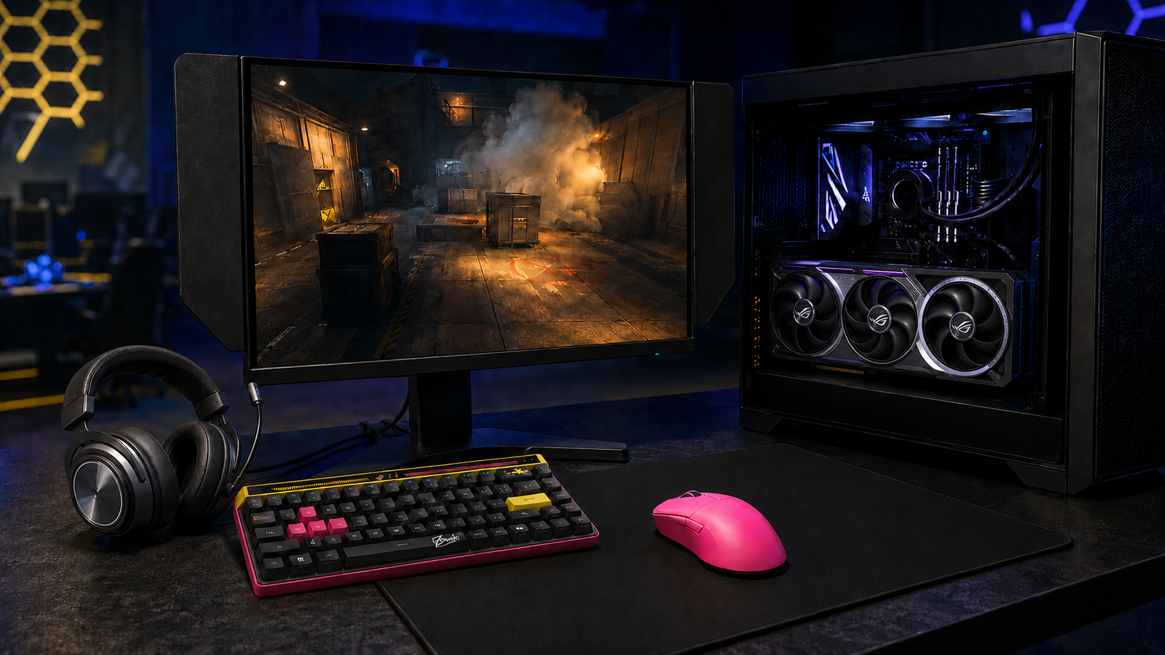 ZywOo-themed CS2 gaming setup with monitor, PC, keyboard, mouse, and headset ZywOo-themed CS2 gaming setup with monitor, PC, keyboard, mouse, and headset