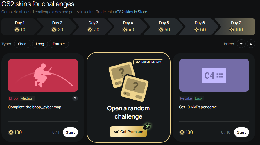 XPlay Challenges screen showing available CS2 tasks and xcoin rewards.