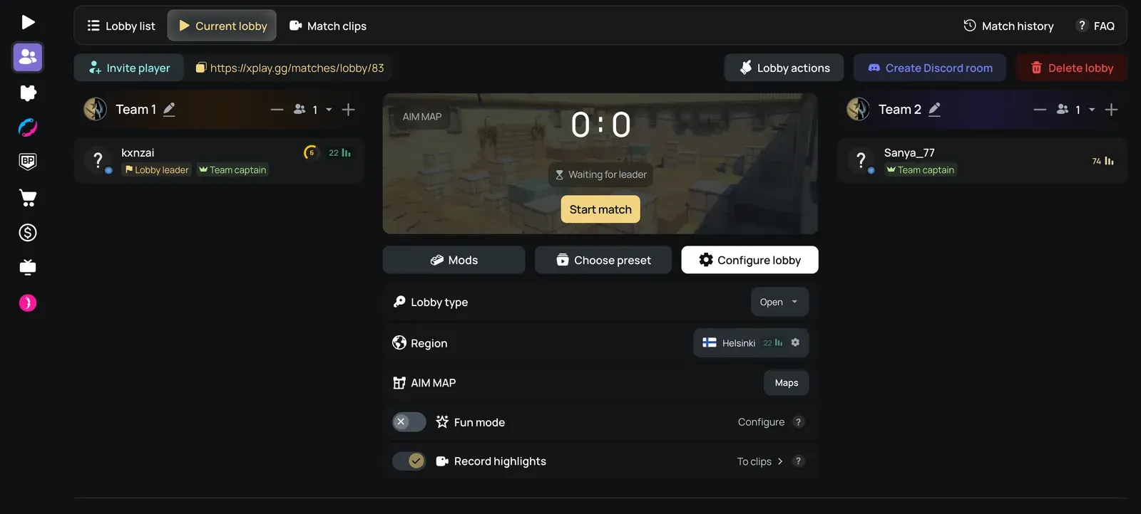 A personal match lobby on xplay.gg with two teams, the Invite player button and the Start match button