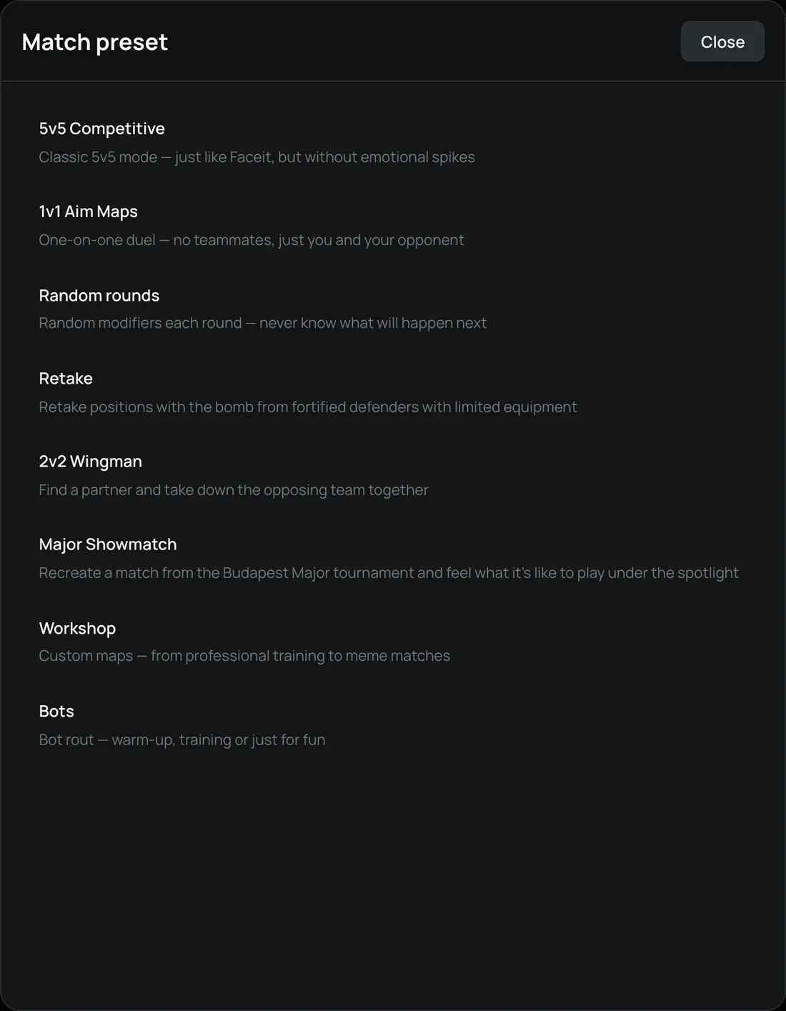 Match presets in an xplay.gg personal match lobby: 5v5 Competitive, 1v1 Aim Maps, Random rounds, Retake, 2v2 Wingman, Major Showmatch, Workshop and Bots