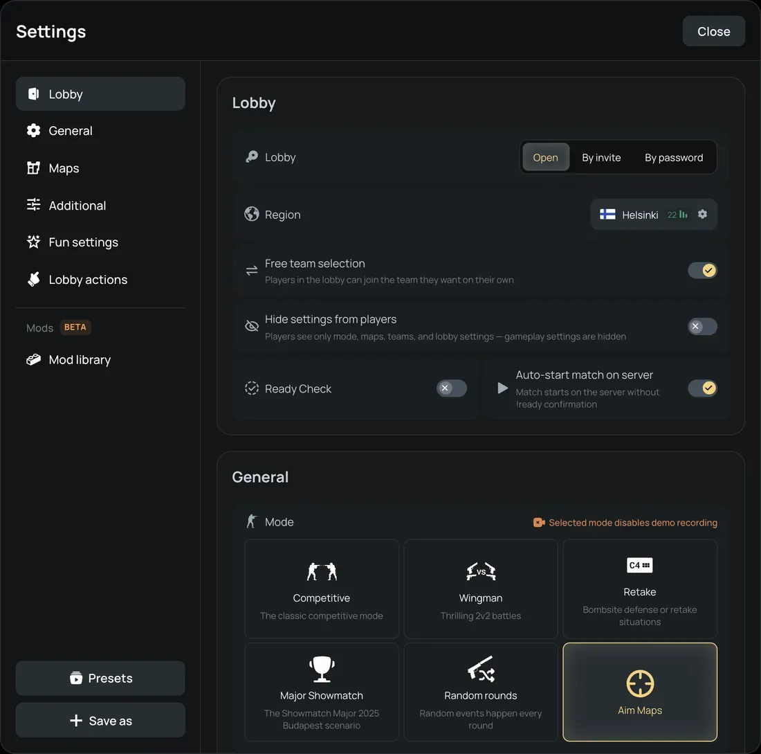 Personal match lobby settings on xplay.gg: lobby type, region, team selection, ready check and game mode