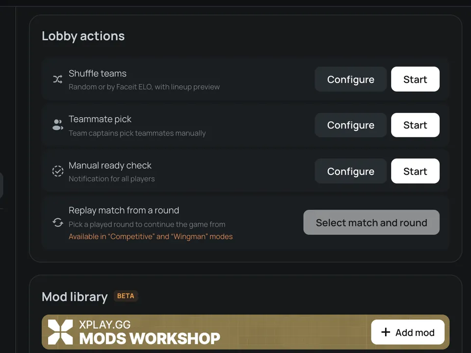 Lobby actions: shuffle teams, teammate pick, ready check and replay from a round
