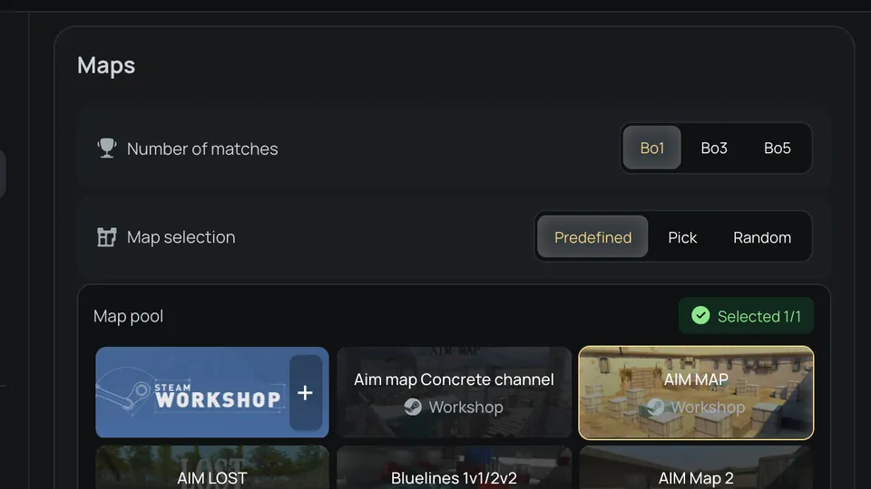 Map settings: Bo1, Bo3 or Bo5, map selection and a map pool with Workshop maps