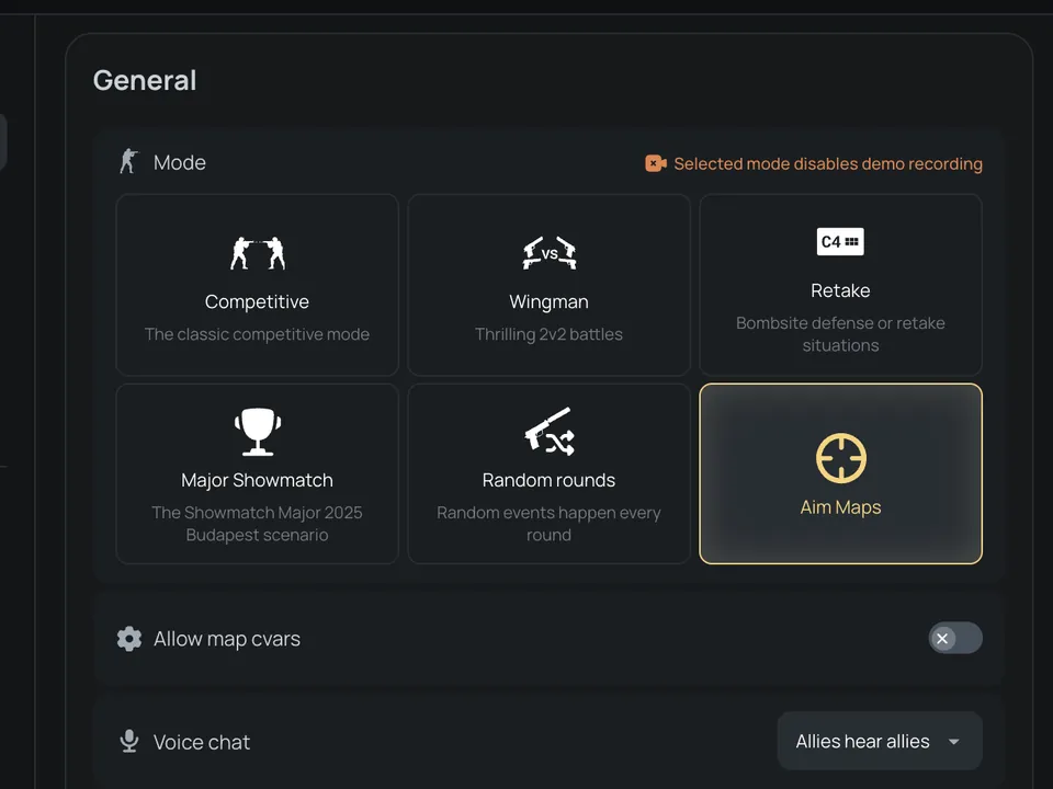 General settings: game mode, map cvars, voice chat, spectators and agents