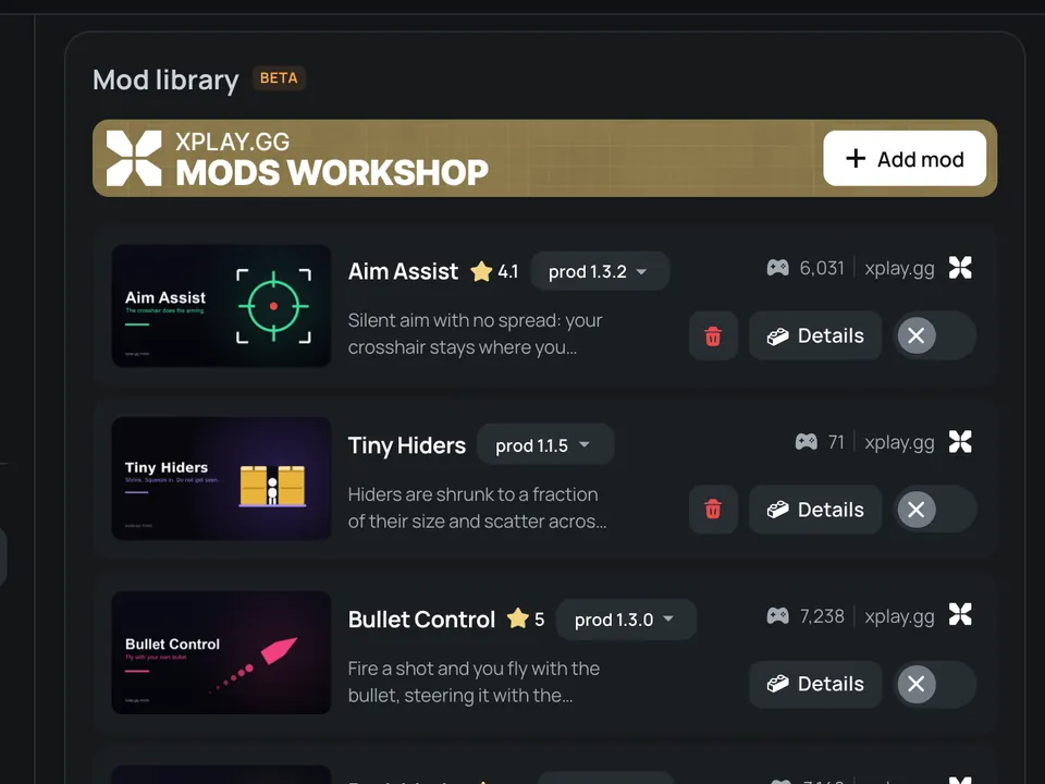The mod library of a lobby with ratings and matches played