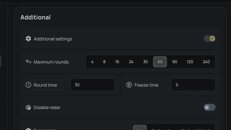 Additional settings: rounds, round time, freeze time, radar and armor