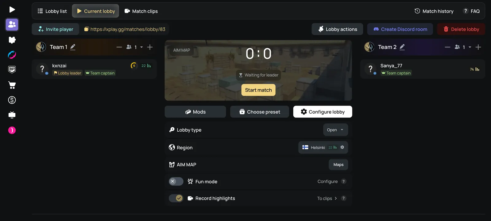 A personal match lobby on xplay.gg: two teams, the map, the region and the lobby settings