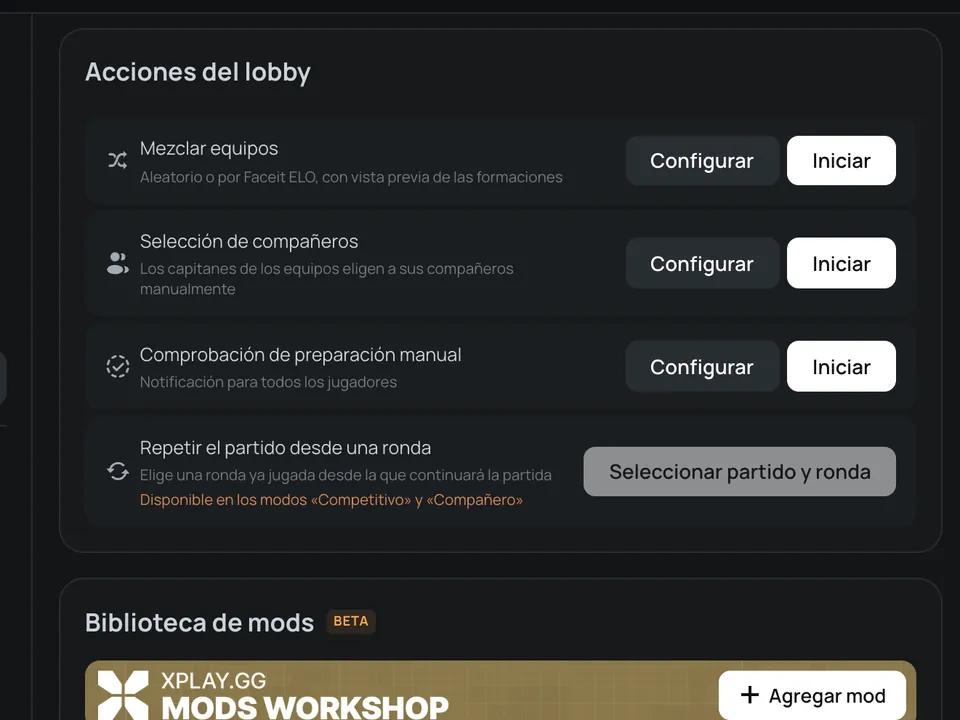 Acciones del lobby: mezclar equipos, elección de compañeros, comprobación de listos y repetir desde una ronda