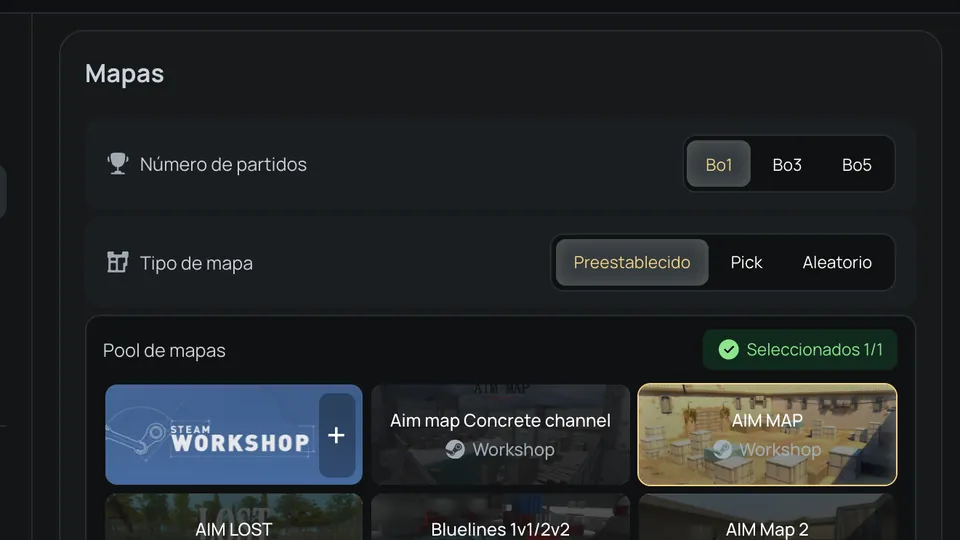 Ajustes de mapas: Bo1, Bo3 o Bo5, forma de elegir el mapa y un pool con mapas del Workshop