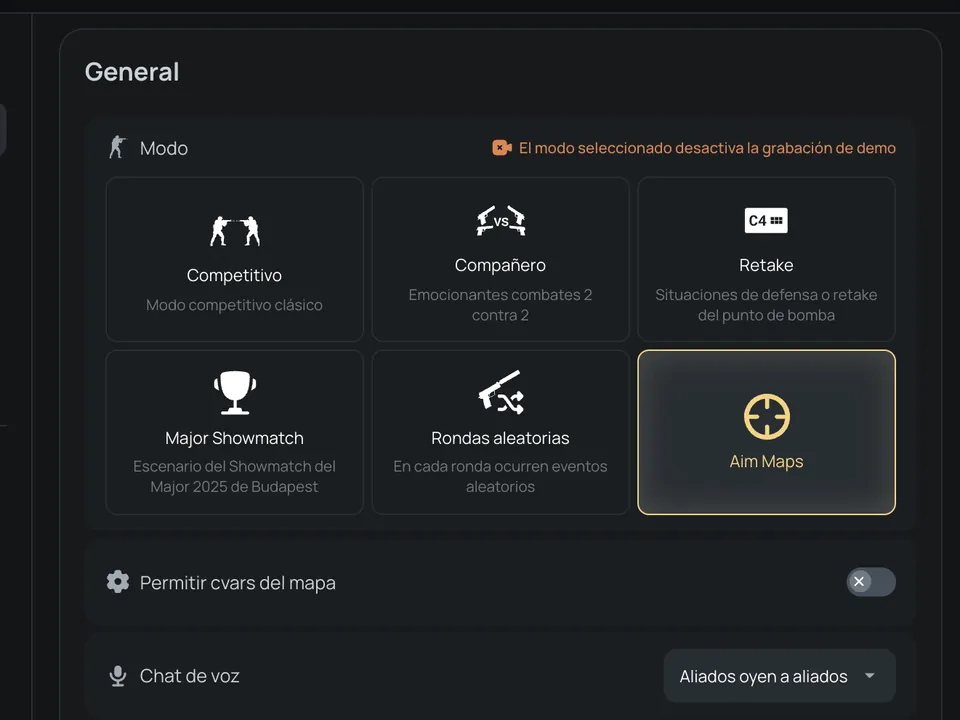 Ajustes generales: modo de juego, cvars del mapa, chat de voz, espectadores y agentes