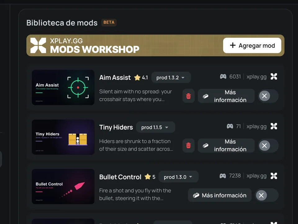 La biblioteca de mods del lobby con valoraciones y partidas jugadas