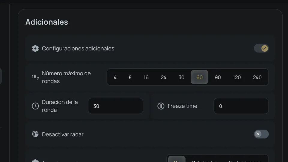 Ajustes adicionales: rondas, tiempo de ronda, tiempo de congelación, radar y armadura